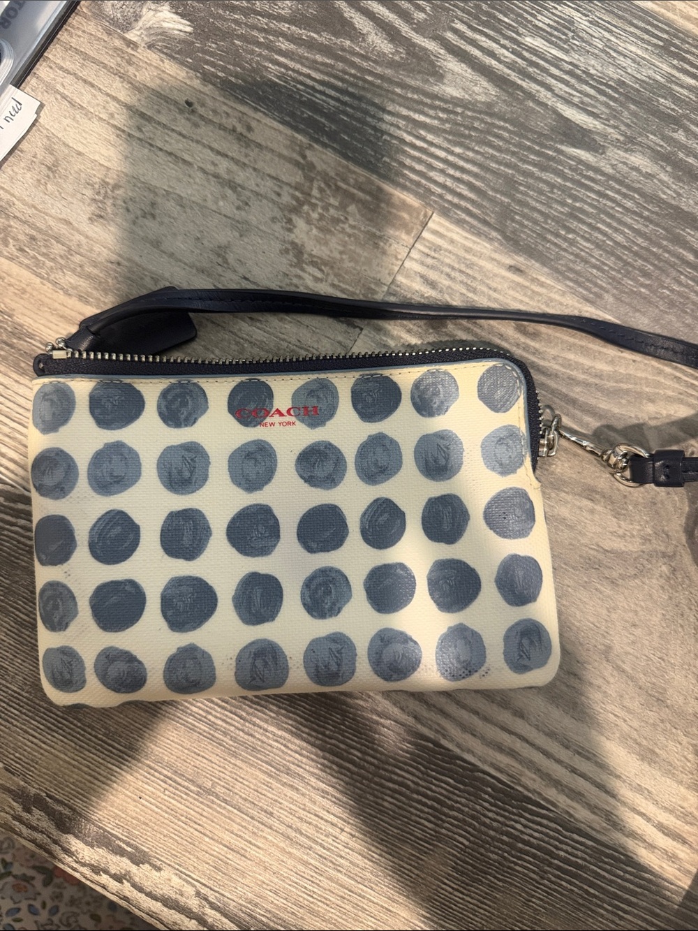 Coach Cream Wristlet with Navy Polka Dots